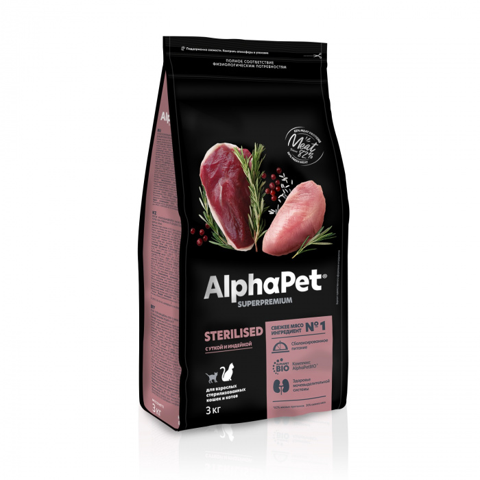 AlphaPet Superpremium  3кг с уткой и индейкой сухой для стерилизованных кошек