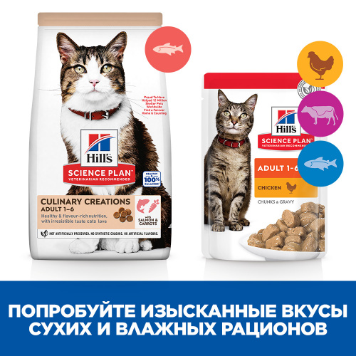 Сухой корм Hill's Science Plan Culinary Creations для взрослых кошек для поддержания жизненной энергии и иммунитета, с лососем и морковью, 1.5 кг