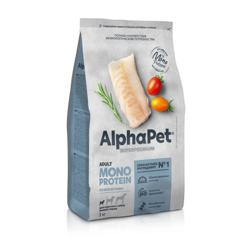 AlphaPet Superpremium Monoprotein  3кг из белой рыбы сухой для взрослых собак мелких пород