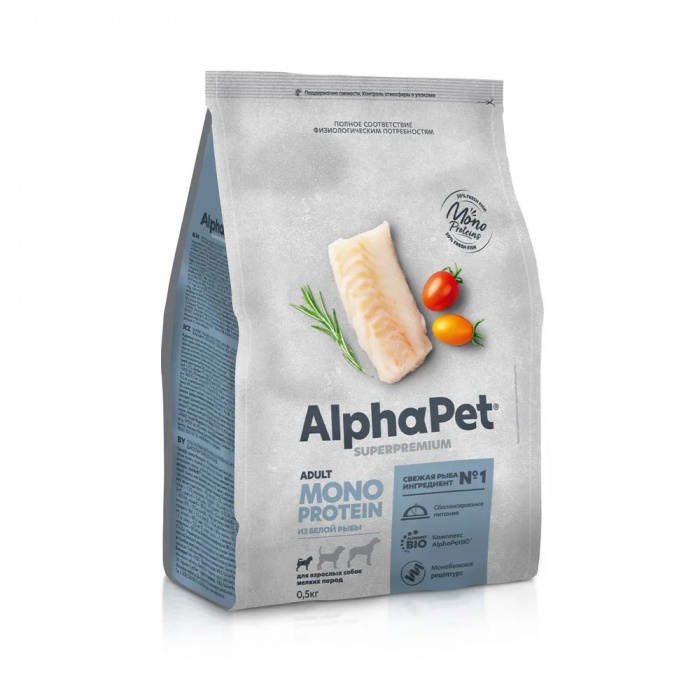 AlphaPet Superpremium Monoprotein  0,5кг из белой рыбы сухой для взрослых собак мелких пород