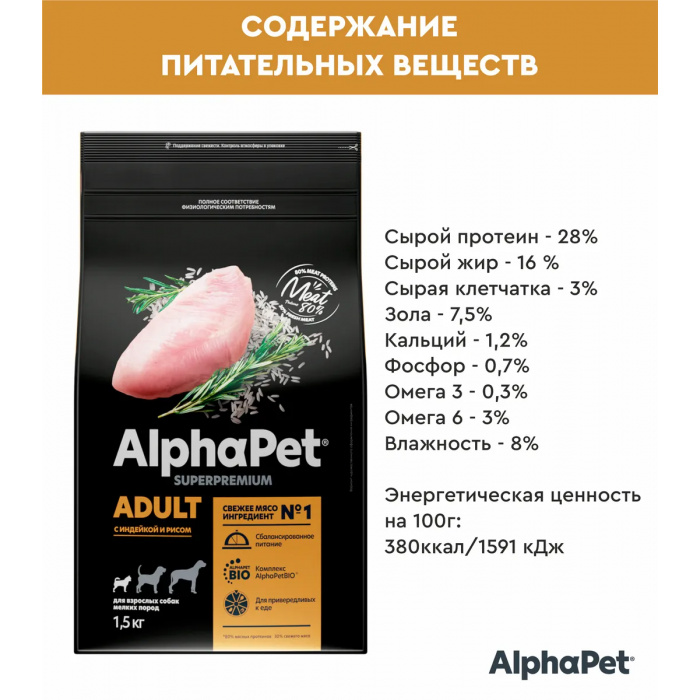 AlphaPet Superpremium  1,5кг c индейкой и рисом сухой для собак мелких пород