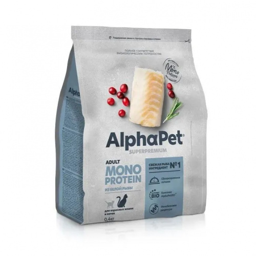 AlphaPet Superpremium Monoprotein  0,4кг из белой рыбы сухой для кошек