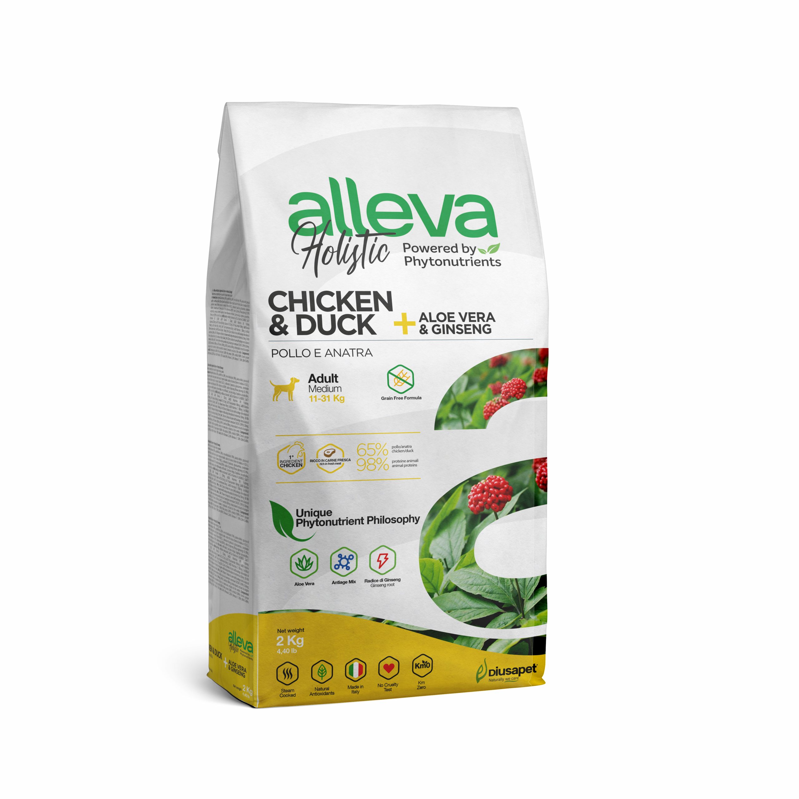 Корм Alleva Holistic Adult Medium Chicken & Duck для собак средних пород, курица, утка, алое вера и женьшень, 2 кг