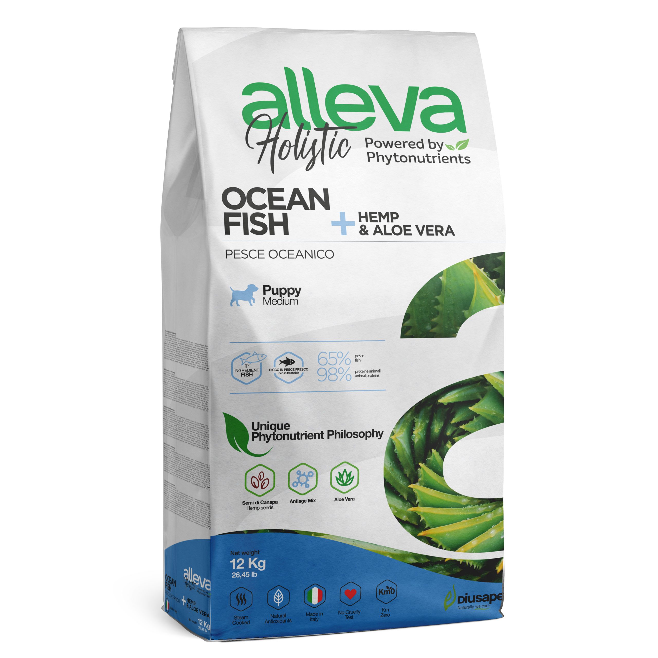 Корм Alleva Holistic Puppy Medium Ocean Fish для щенков средних пород, беременных и кормящих сук, океаническая рыба, конопля и алое вера, 12 кг