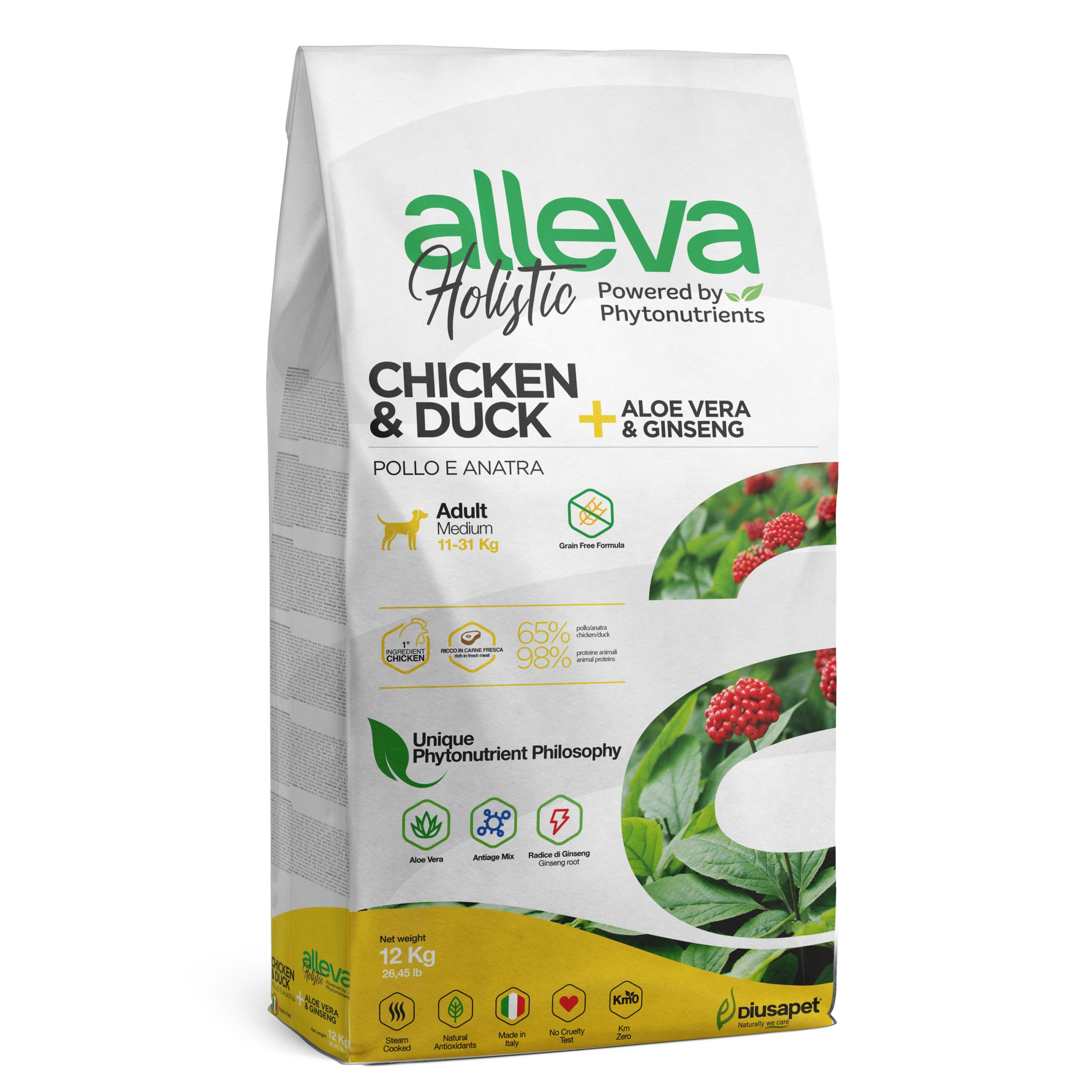 Корм Alleva Holistic Adult Medium Chicken & Duck для собак средних пород, курица, утка, алое вера и женьшень, 12 кг