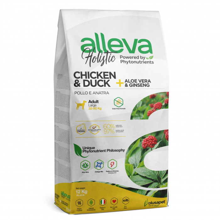 Корм Alleva Holistic Adult Maxi Chicken & Duck для собак крупных пород, курица, утка, алое вера и женьшень, 12 кг