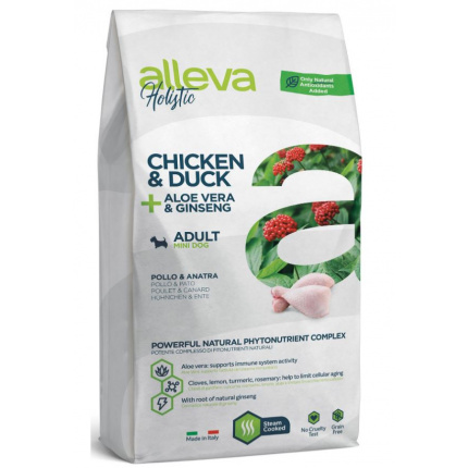 Корм Alleva Holistic Adult Mini Chicken & Duck для собак малых пород, курица, утка, алое вера и женьшень, 12 кг