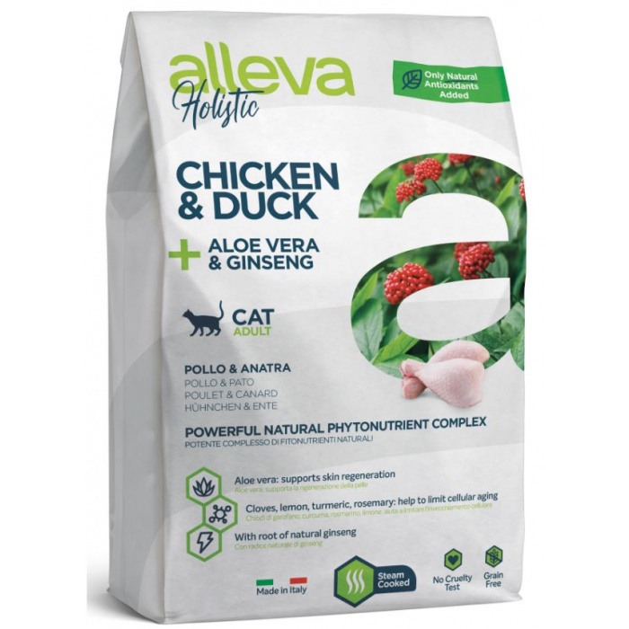 Корм Alleva Holistic Cat Adult Chicken & Duck для кошек, курица, утка, алоэ вера и женьшень, 1.5 кг