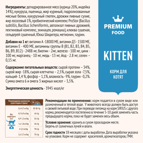 SIRIUS/Полнорационный сухой PREMIUM корм для котят, с мясом Индейки, 0.4 кг