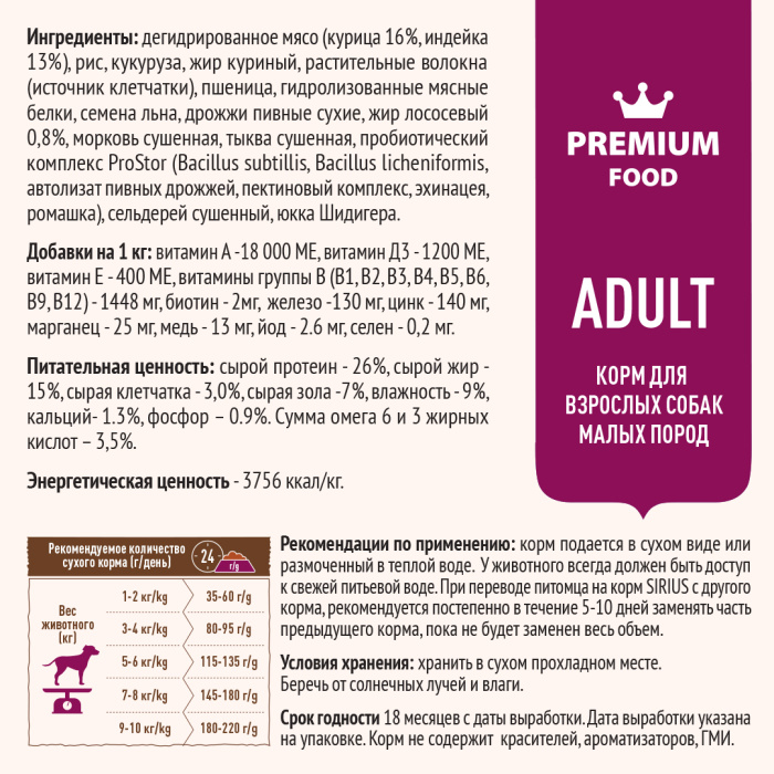 SIRIUS/Полнорационный сухой PREMIUM  корм для взрослых собак малых пород, индейка и рис, 2 кг