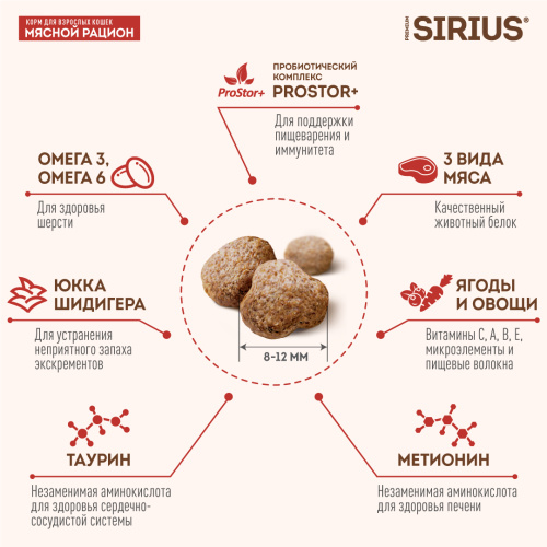 SIRIUS/Полнорационный сухой PREMIUM корм для взрослых кошек, Мясной рацион, 0.4 кг