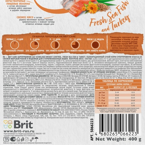 Корм Brit Care Superpremium Sterilised Weight Control Sea Fish & Turkey (низкозерновой) для стерилизованных кошек, контроль веса, c индейкой и морской рыбой, 1.5 кг