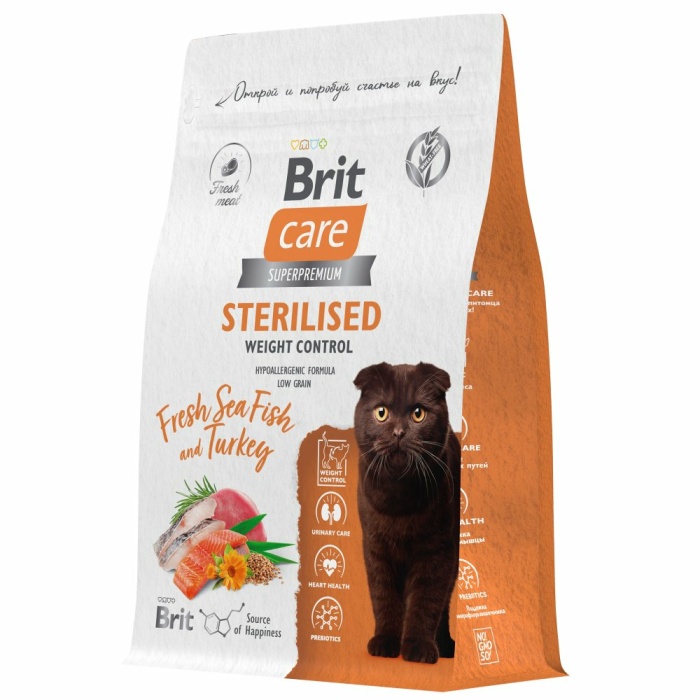 Корм Brit Care Superpremium Sterilised Weight Control Sea Fish & Turkey (низкозерновой) для стерилизованных кошек, контроль веса, c индейкой и морской рыбой, 1.5 кг