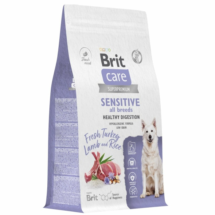 Корм Brit Care Superpremium Sensitive для собак с чувствительным пищеварением, c индейкой, ягненком и рисом, 12 кг