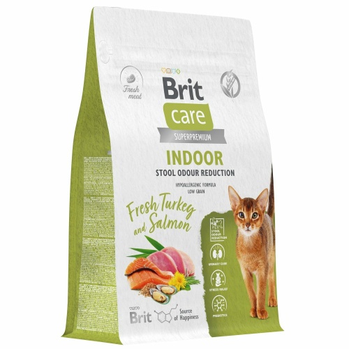 Корм Brit Care Superpremium Indoor Stool Odour Reduction Turkey & Salmon (низкозерновой) для домашних кошек, уменьшение запаха стула, c индейкой и лососем, 7 кг