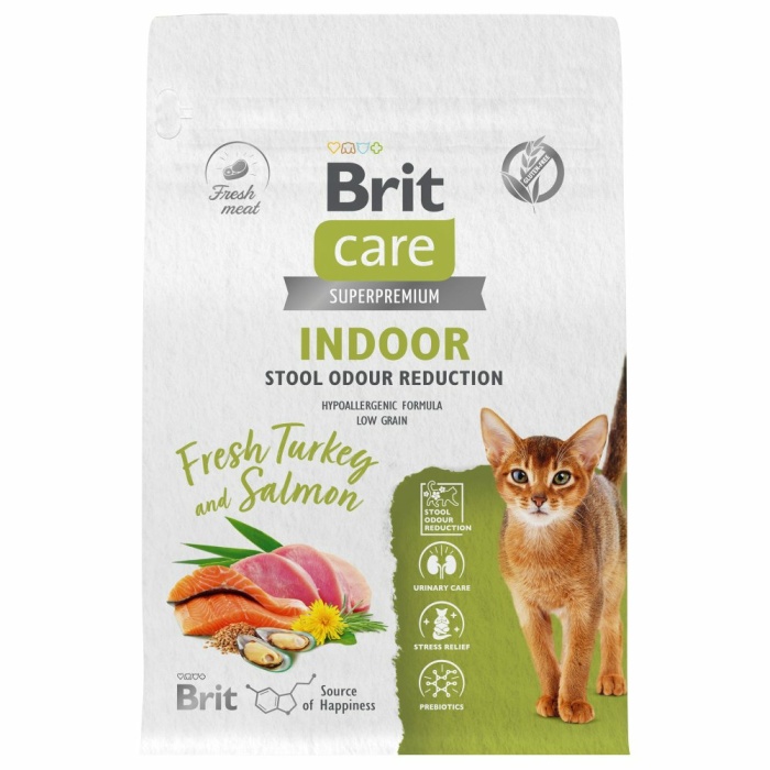 Корм Brit Care Superpremium Indoor Stool Odour Reduction Turkey & Salmon (низкозерновой) для домашних кошек, уменьшение запаха стула, c индейкой и лососем, 7 кг