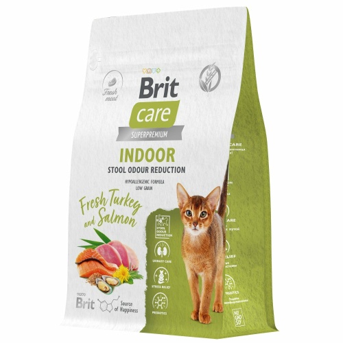 Корм Brit Care Superpremium Indoor Stool Odour Reduction Turkey & Salmon (низкозерновой) для домашних кошек, уменьшение запаха стула, c индейкой и лососем, 7 кг