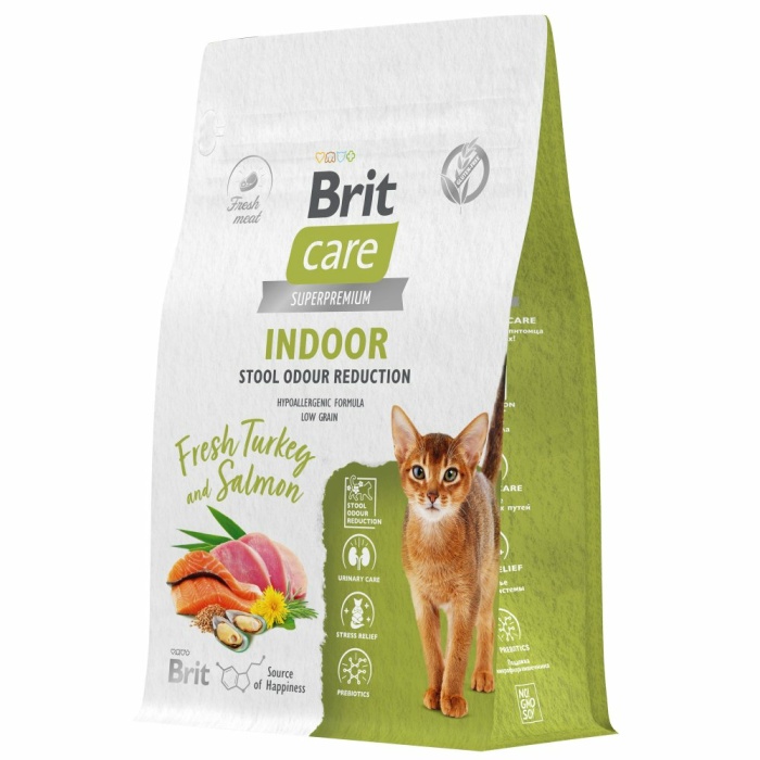 Корм Brit Care Superpremium Indoor Stool Odour Reduction Turkey & Salmon (низкозерновой) для домашних кошек, уменьшение запаха стула, c индейкой и лососем, 7 кг