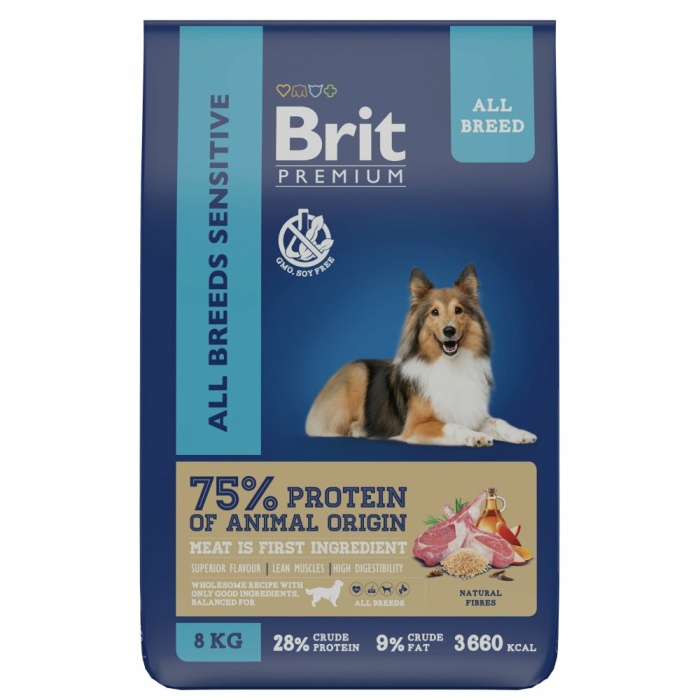 Корм Brit Premium Dog Sensitive для собак с чувствительным пищеварением, с ягненком и индейкой, 8 кг