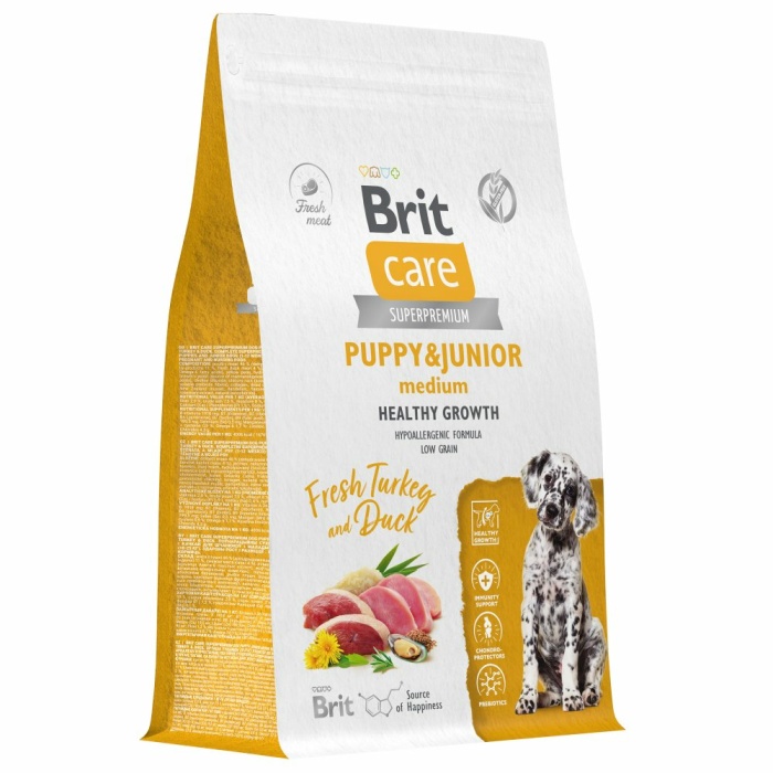 Корм Brit Care Superpremium Puppy & Junior M Healthy Growth Turkey & Duck (низкозерновой) для щенков средних пород, c индейкой и уткой, 3 кг