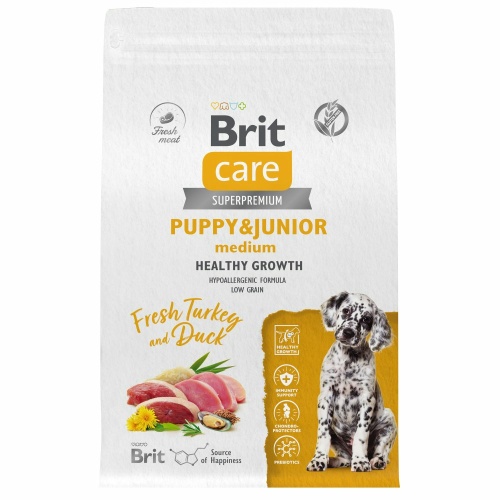 Корм Brit Care Superpremium Puppy & Junior M Healthy Growth Turkey & Duck (низкозерновой) для щенков средних пород, c индейкой и уткой, 3 кг