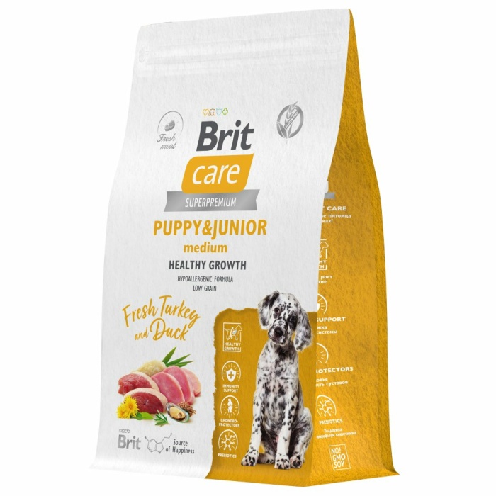 Корм Brit Care Superpremium Puppy & Junior M Healthy Growth Turkey & Duck (низкозерновой) для щенков средних пород, c индейкой и уткой, 3 кг