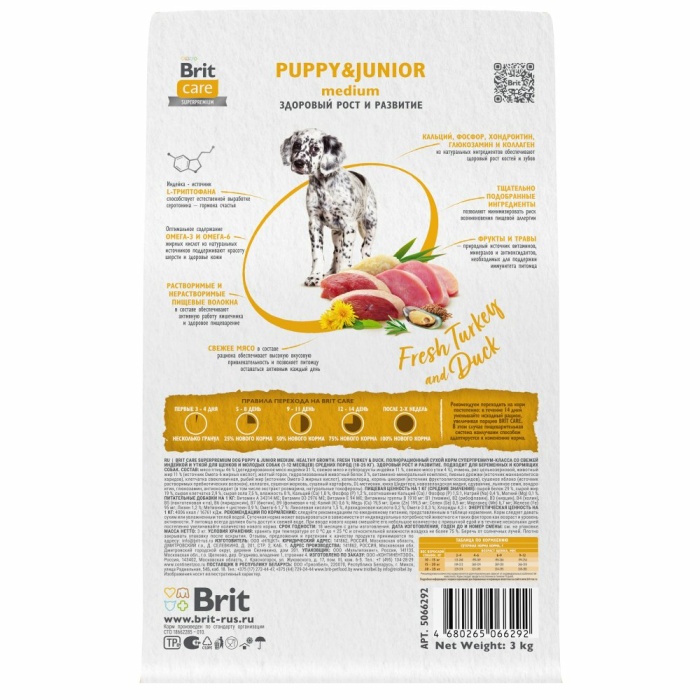 Корм Brit Care Superpremium Puppy & Junior M Healthy Growth Turkey & Duck (низкозерновой) для щенков средних пород, c индейкой и уткой, 3 кг