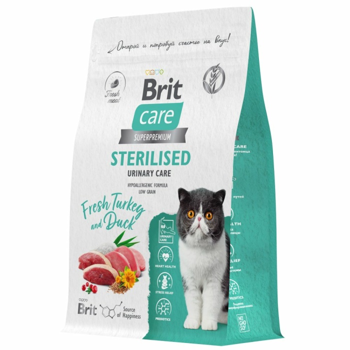 Корм Brit Care Superpremium Sterilised Urinary Care Turkey & Duck (низкозерновой) для стерилизованных кошек, профилактика МКБ, c индейкой и уткой, 7 кг