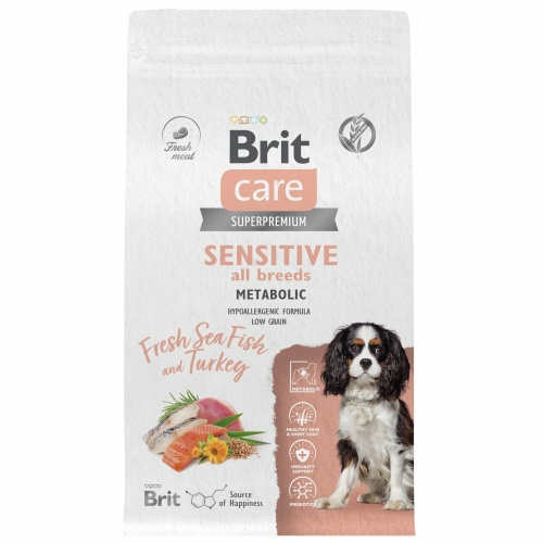 Корм Brit Care Superpremium Sensitive Metabolic Sea Fish & Turkey (низкозерновой) для собак средних пород, c рыбой и индейкой, 3 кг