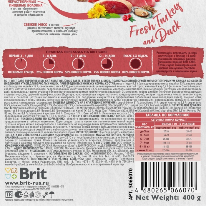 Корм Brit Care Superpremium Delicious Taste Turkey & Duck (низкозерновой) для кошек, привередливых ко вкусу корма, c индейкой и уткой, 7 кг