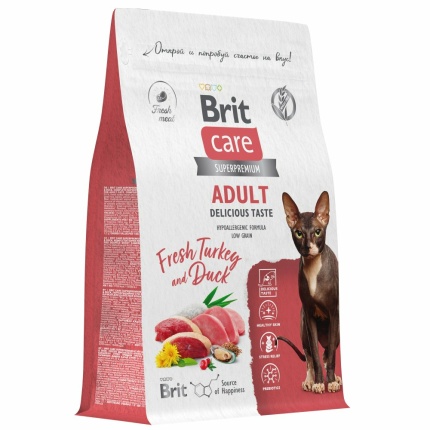 Корм Brit Care Superpremium Delicious Taste Turkey & Duck (низкозерновой) для кошек, привередливых ко вкусу корма, c индейкой и уткой, 7 кг