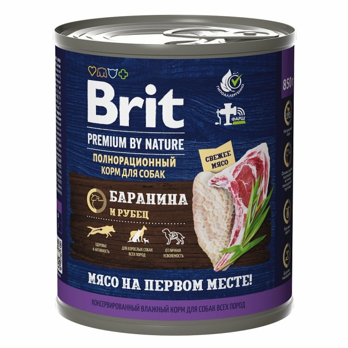 Корм Brit Premium by Nature (консерв.) для собак, баранина и рубец, 850 г