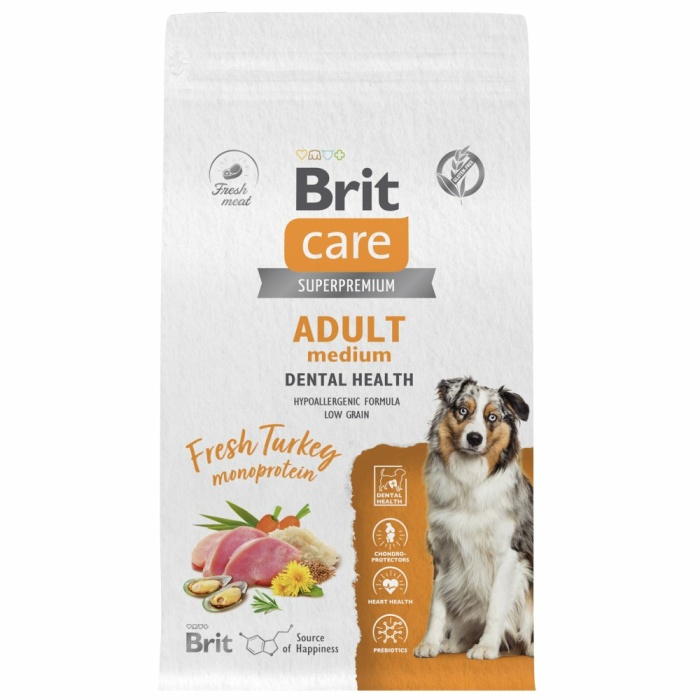 Корм Brit Care Superpremium M Dental Health Turkey (низкозерновой) для собак средних пород, c индейкой, 1,5 кг