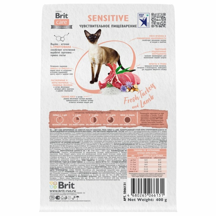 Корм Brit Care Superpremium Sensitive Healthy Digestion Turkey & Lamb (низкозерновой) для кошек с чувствительным пищеварением, c индейкой и ягненком, 1.5 кг