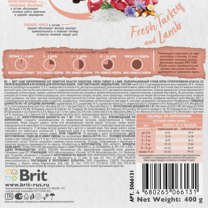 Корм Brit Care Superpremium Sensitive Healthy Digestion Turkey & Lamb (низкозерновой) для кошек с чувствительным пищеварением, c индейкой и ягненком, 1.5 кг