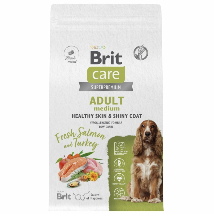 Корм Brit Care Superpremium M Healthy Skin & Shiny Coat Salmon & Turkey (низкозерновой) для собак средних пород, c лососем и индейкой, 3 кг