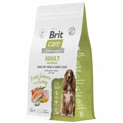 Корм Brit Care Superpremium M Healthy Skin & Shiny Coat Salmon & Turkey (низкозерновой) для собак средних пород, c лососем и индейкой, 3 кг