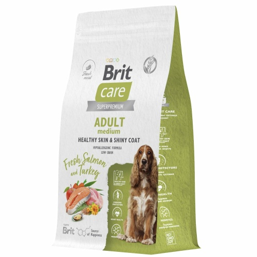 Корм Brit Care Superpremium M Healthy Skin & Shiny Coat Salmon & Turkey (низкозерновой) для собак средних пород, c лососем и индейкой, 3 кг