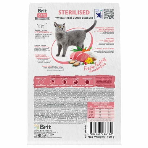 Корм Brit Care Superpremium Sterilised Metabolic Turkey (низкозерновой) для стерилизованных кошек, c индейкой, 1.5 кг