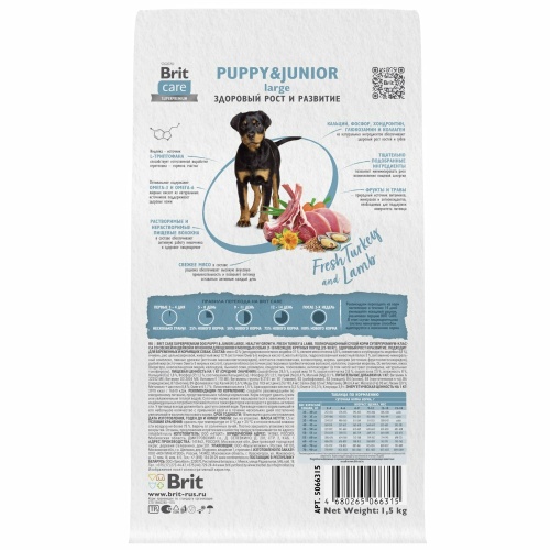 Корм Brit Care Superpremium Puppy & Junior L для щенков крупных пород, c индейкой и ягненком, 1.5 кг