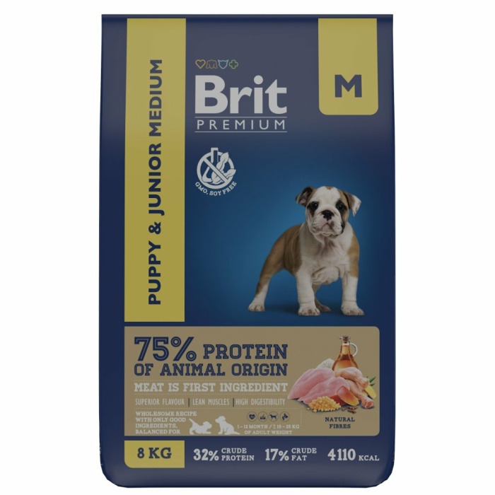 Корм Brit Premium Puppy & Junior M для щенков средних пород, с курицей, 8 кг