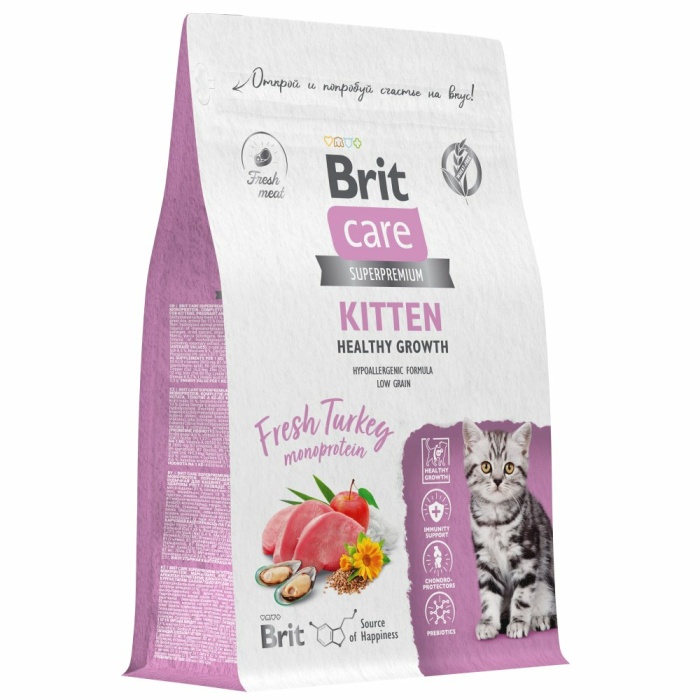 Корм Brit Care Superpremium Kitten Healthy Growth Turkey (низкозерновой) для котят, беременных и кормящих кошек, здоровый рост, c индейкой, 400 г