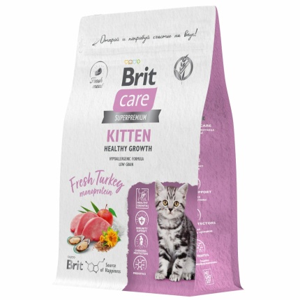 Корм Brit Care Superpremium Kitten Healthy Growth Turkey (низкозерновой) для котят, беременных и кормящих кошек, здоровый рост, c индейкой, 400 г