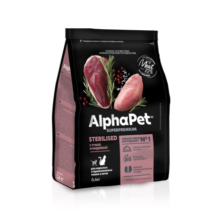 AlphaPet Superpremium  0,4кг с уткой и индейкой сухой для стерилизованных кошек