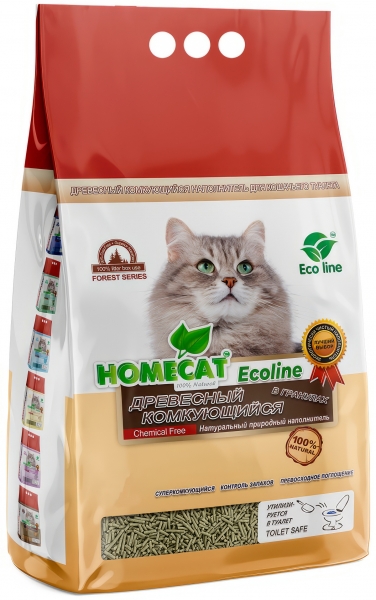 63128.jpg Наполнитель Homecat Ecoline для кошек, древесный комкующийся, в гранулах, 4 кг, 12 л